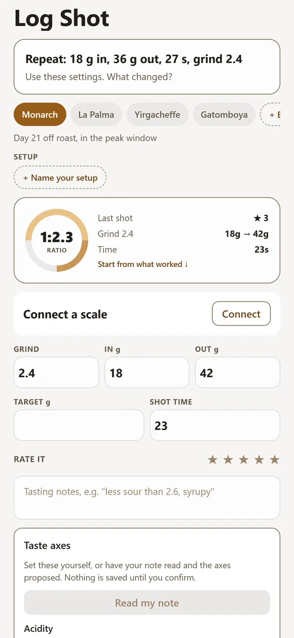 Logging an espresso shot with grind, dose, yield and time
