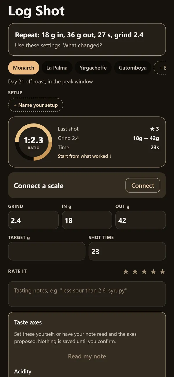 Shot Ledger in dark mode