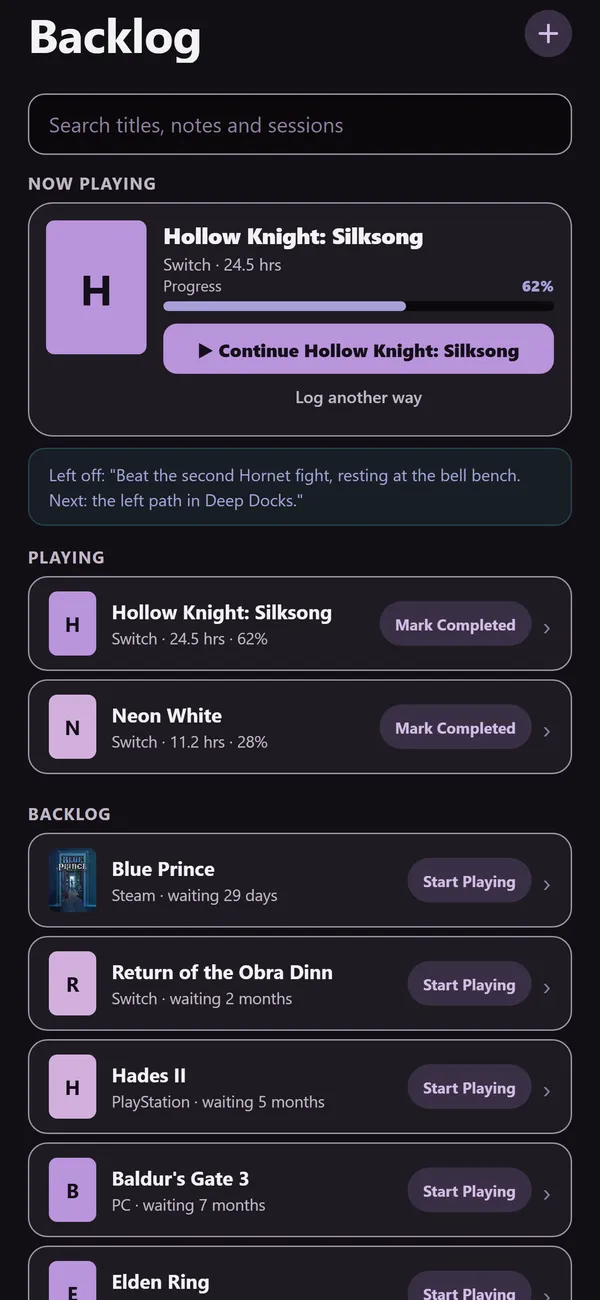 Game Backlog Tracker in dark mode