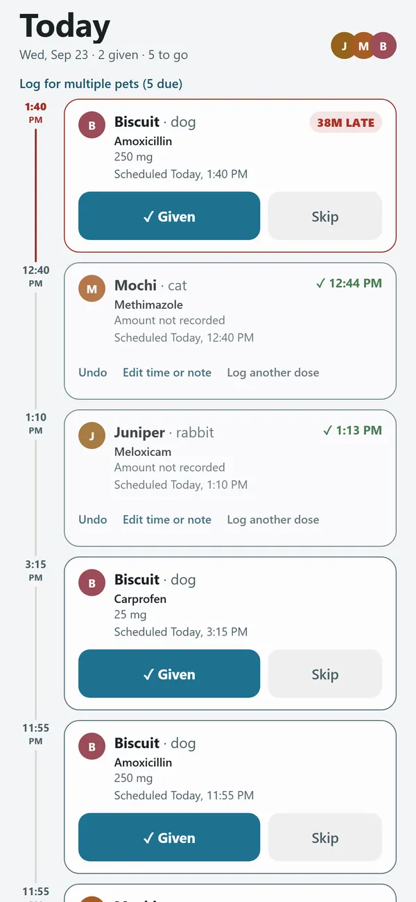 The Today screen with every dose due across all pets
