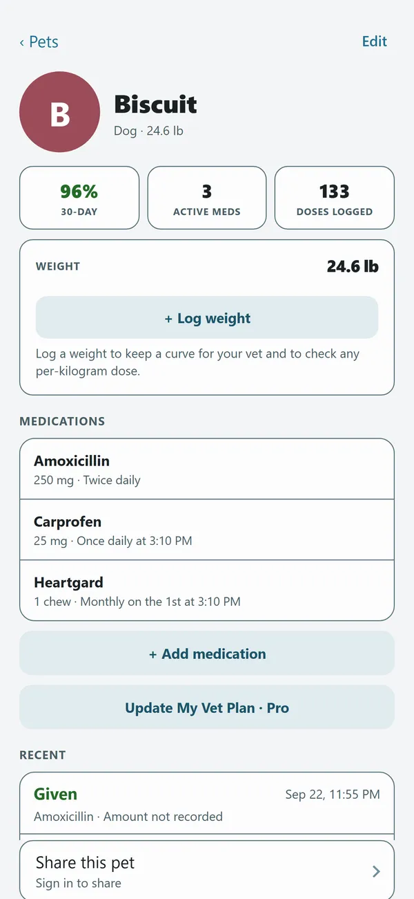 A pet&rsquo;s detail screen