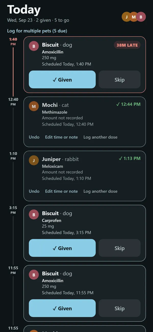 Pet Medication Reminder in dark mode