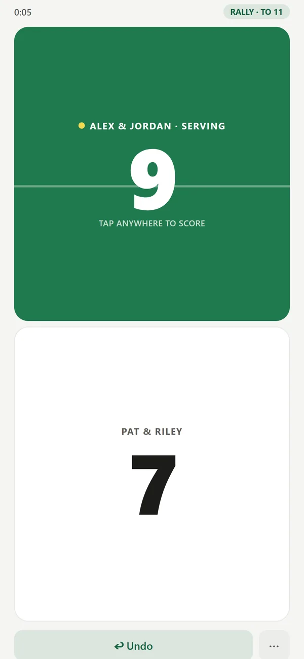 A live game: the serving team's score fills the top half, with a tap-anywhere-to-score hint