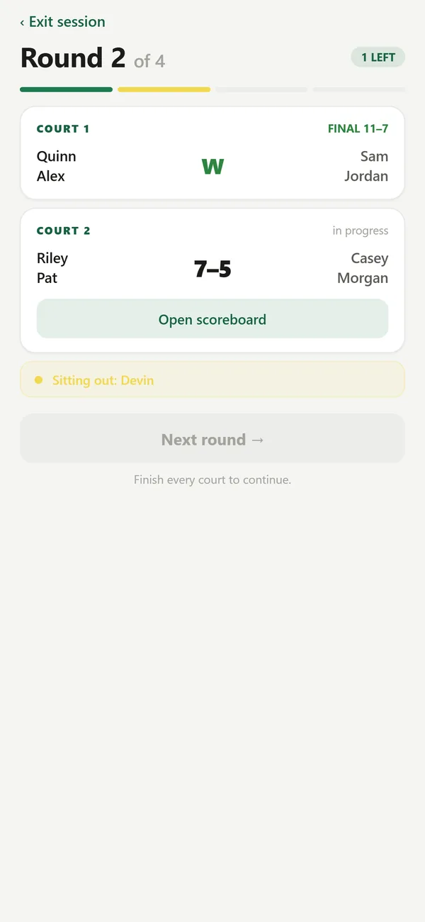 The round robin generator laying out rounds across courts
